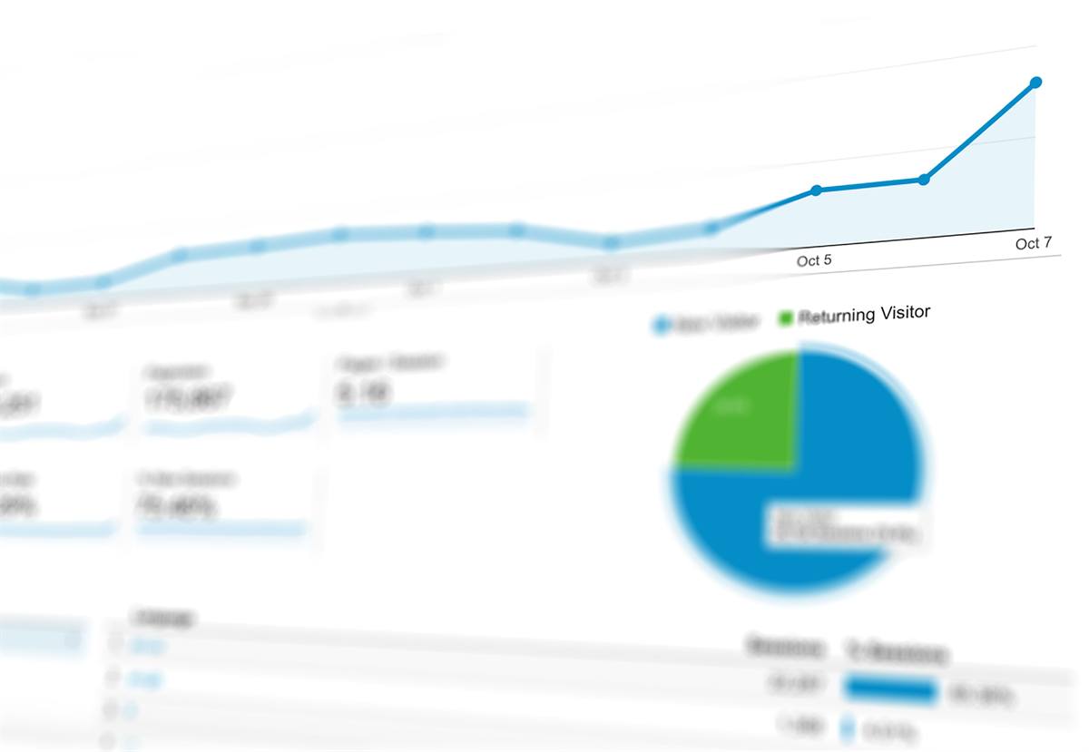 An analytics dashboard with an upward trend line and visitor chart